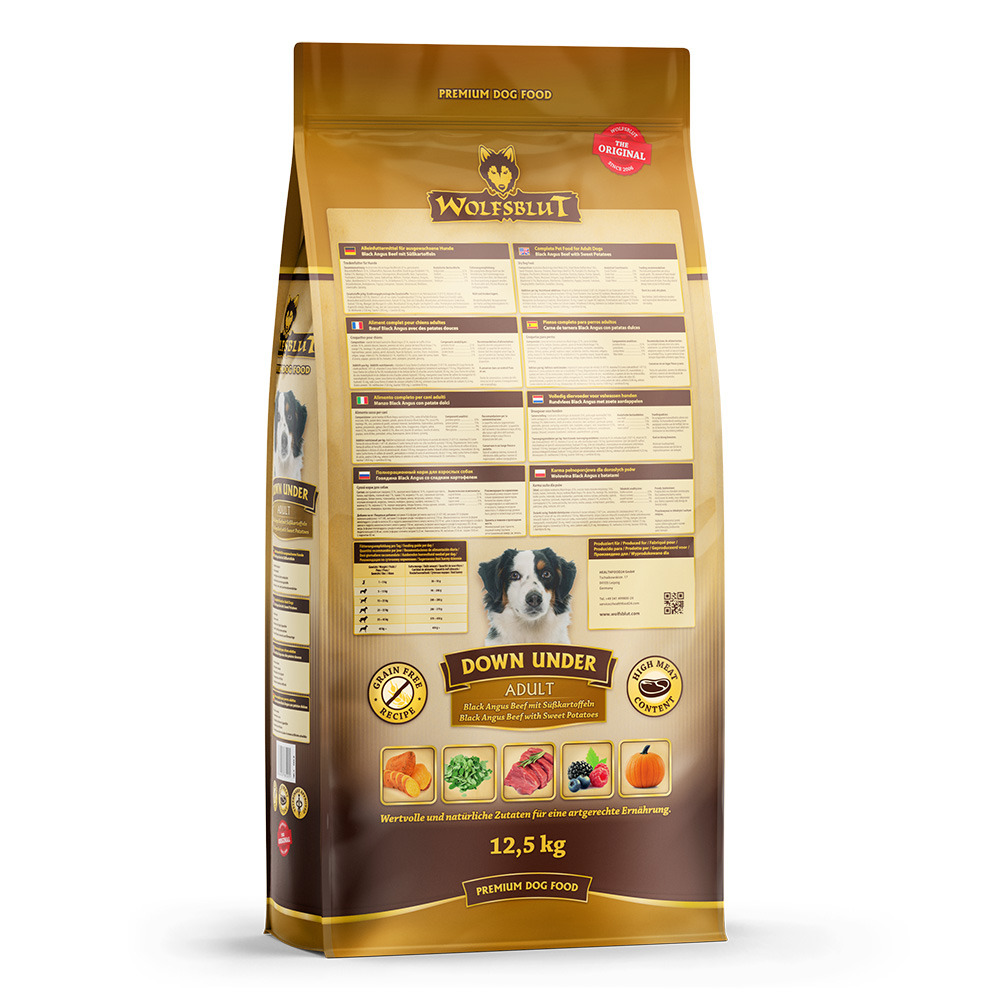 WOLFSBLUT Down Under Black Angus Beef mit Süßkartoffeln 12,5kg Hundetrockenfutter