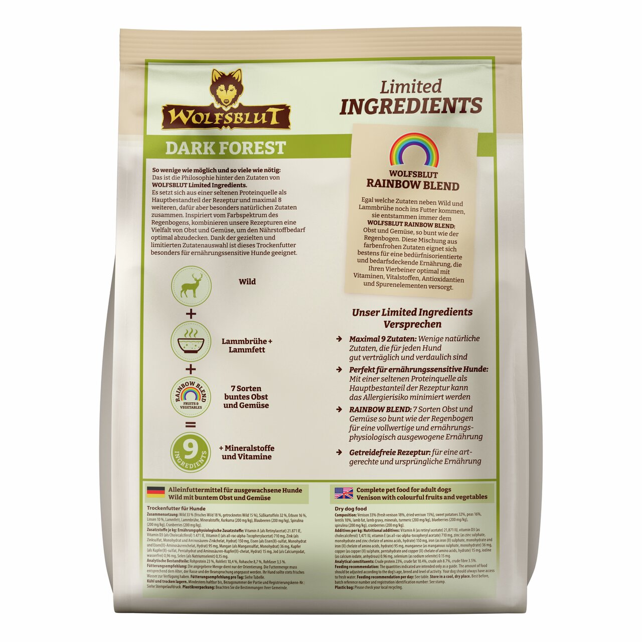 WOLFSBLUT Dark Forest Hundefutter für ausgewachsene Hunde, Wild, Lammbrühe, 7 Obst- und Gemüsesorten, 2 kg, getreidefrei.