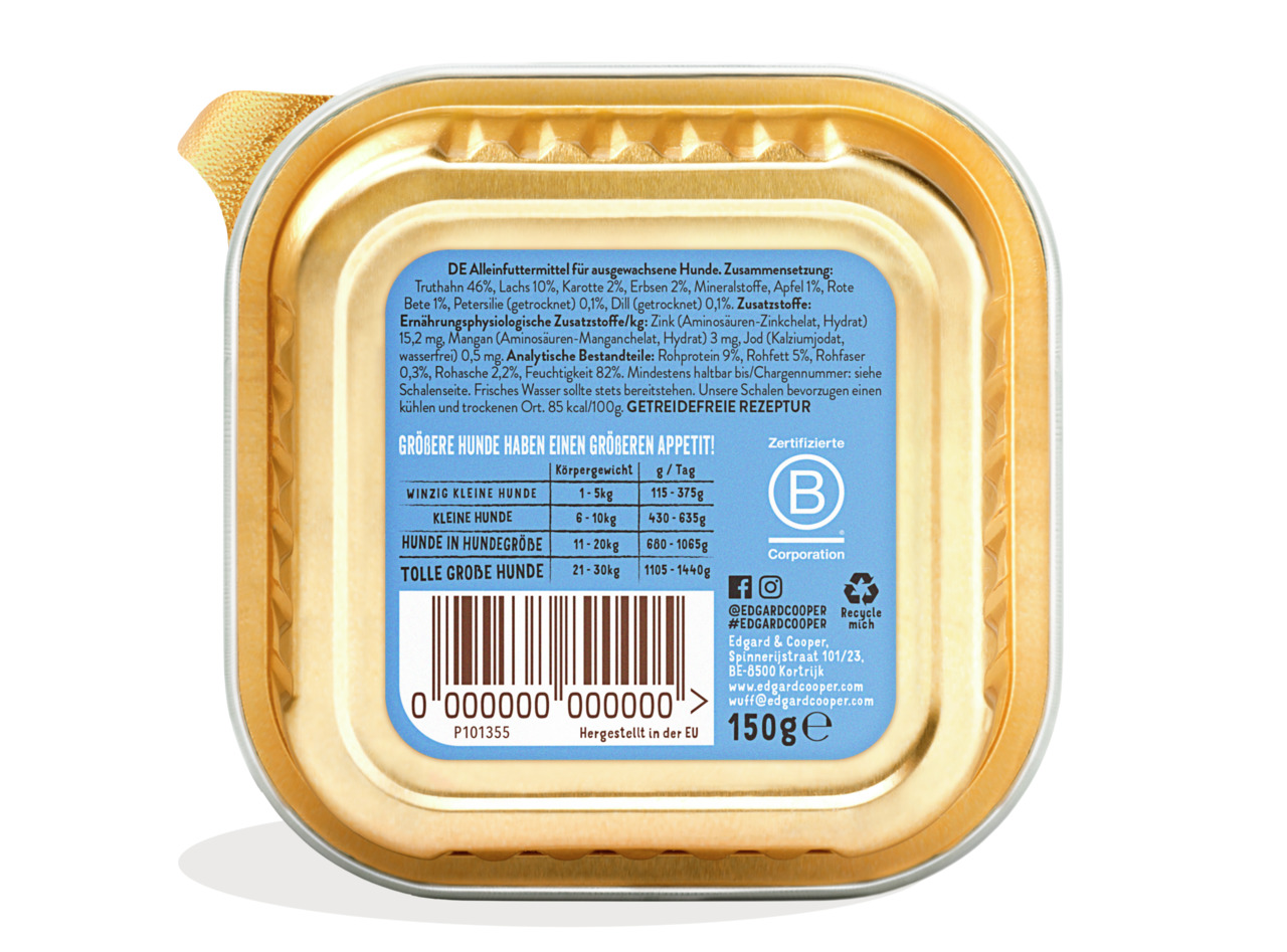 Edgard & Cooper Hundefutter, Alleinfutter für ausgewachsene Hunde, Truthahn (46 %), Lachs (10 %), Karotte (2 %), getreidefrei, 150 g.