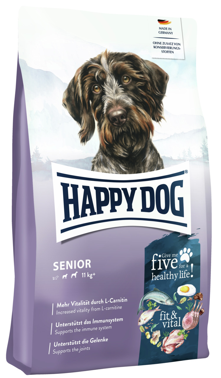 HAPPY DOG Senior fit & vital, ältere Hunde ab 11 kg, Fisch & Fleisch, Vitalität, Immunsystem, Gelenke, 4001967135374, ohne Konservierungsstoffe.