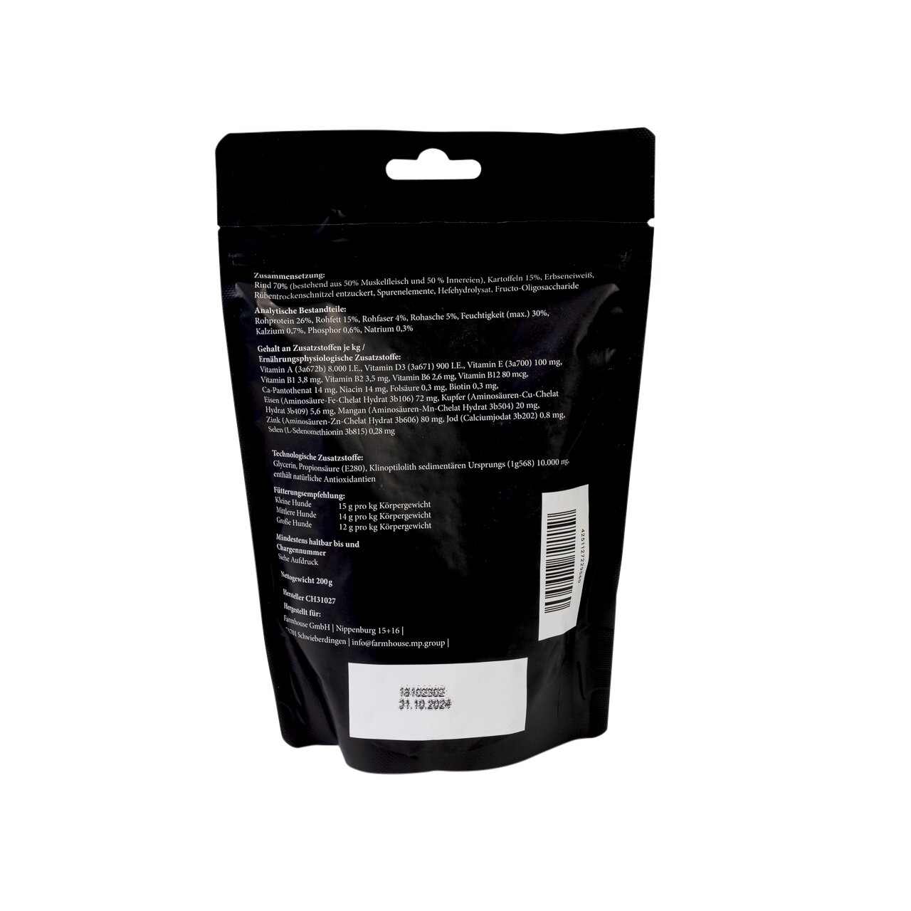 Lottis Häppchen Hundefutter, Rind, 200 g, hochwertig, speziell für Hunde, mit detaillierten Inhaltsstoffen & Fütterungsempfehlungen.