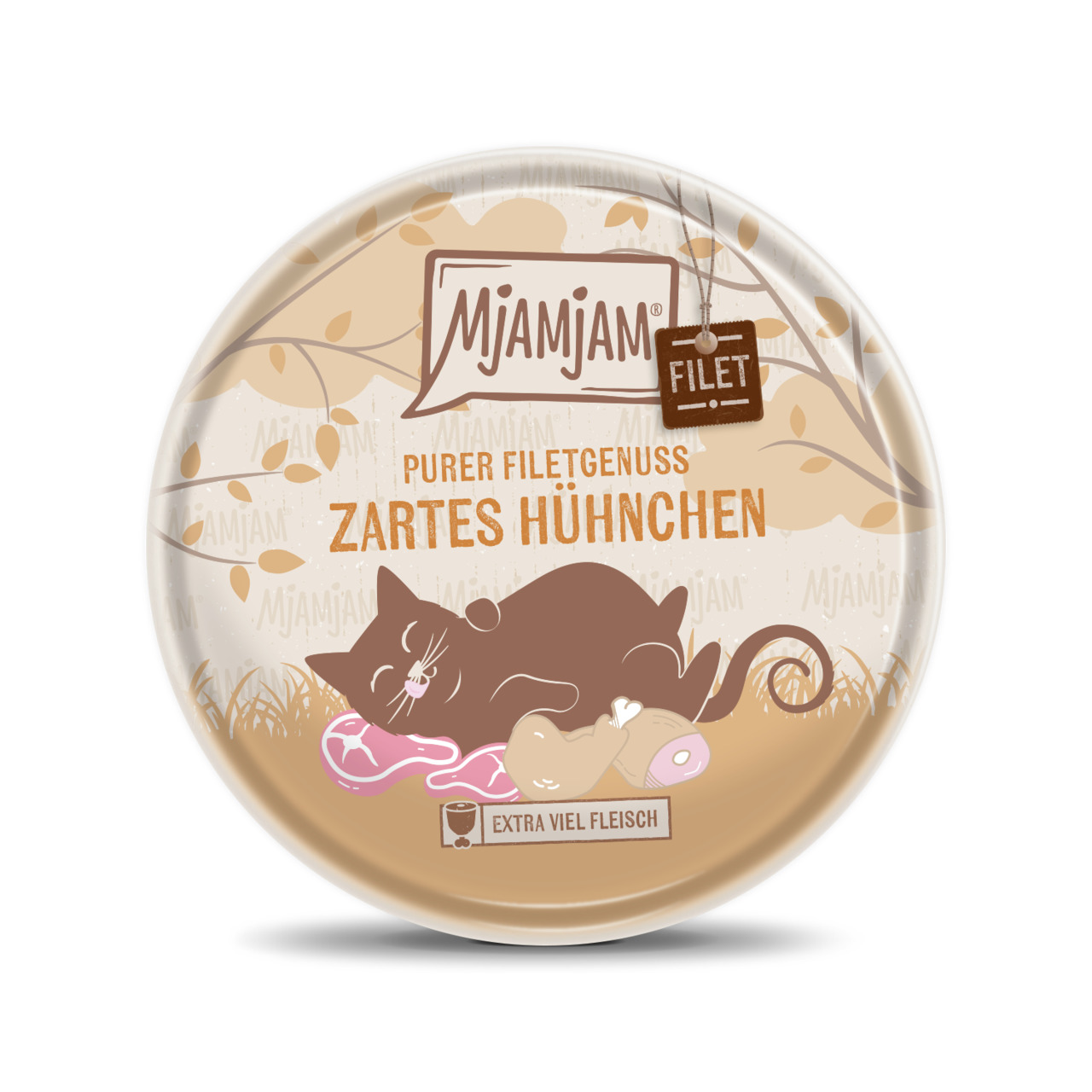 Das Bild zeigt eine runde Dose des Katzenfutters „MJAMJAM Purer Filetgenuss Zartes Hühnchen“. Die Zi