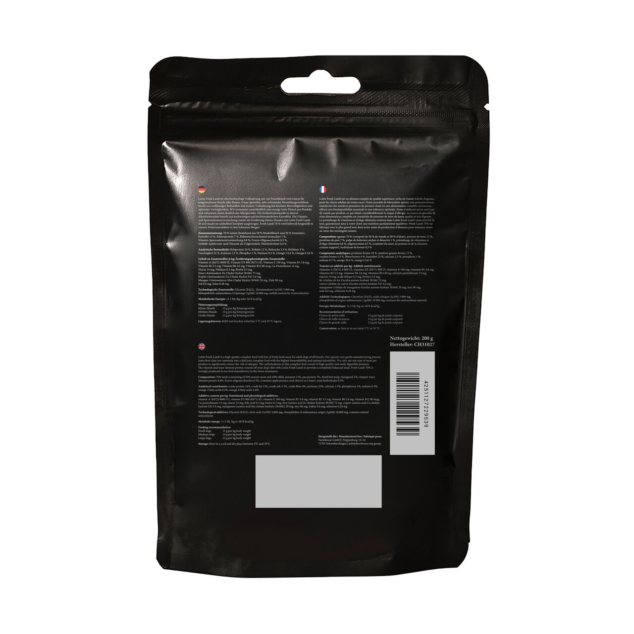 Rückseite der Verpackung „Lottis Häppchen“ für Hunde, Geschmacksrichtung nicht ersichtlich, Inhalt: 200 g, EAN: 4251127229539.