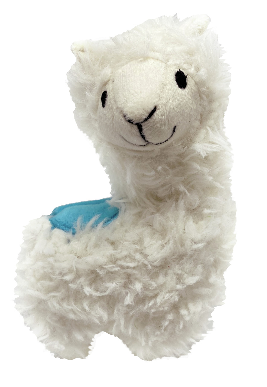Ein weißes, plüschiges Katzenspielzeug in Form eines Lamas der Marke Aumüller. Das Lama hat ein freundliches Gesicht mit schwarzen Augen und einer schwarzen Nase. Auf seinem Rücken befindet sich ein blaues Detail. Geeignet für Katzen, um zu spielen und zu