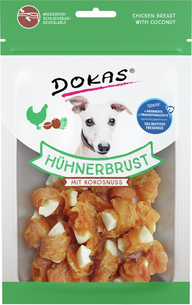 DOKAS Hühnerbrust mit Kokosnuss, Hundesnack, Huhn+Kokos, hochwertig, SGS geprüft, wiederverschließbar. Menge nicht erkennbar.