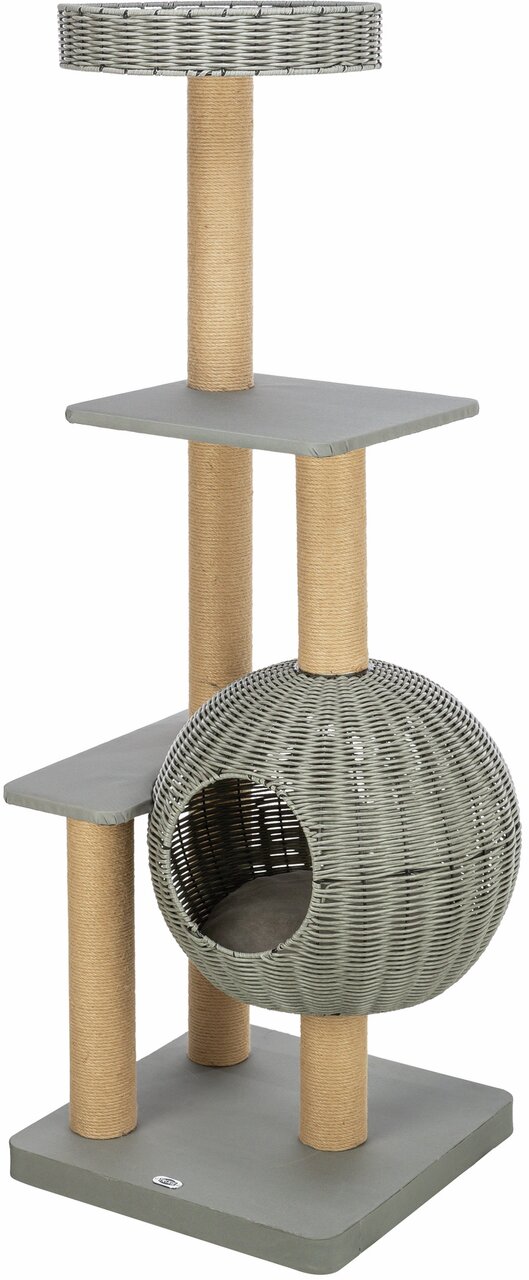 Kratzbaum von TRIXIE für Katzen, mit Höhle und Plattformen, grau-beige, ideal zum Kratzen und Spielen, Maße: ca. 138 cm hoch.