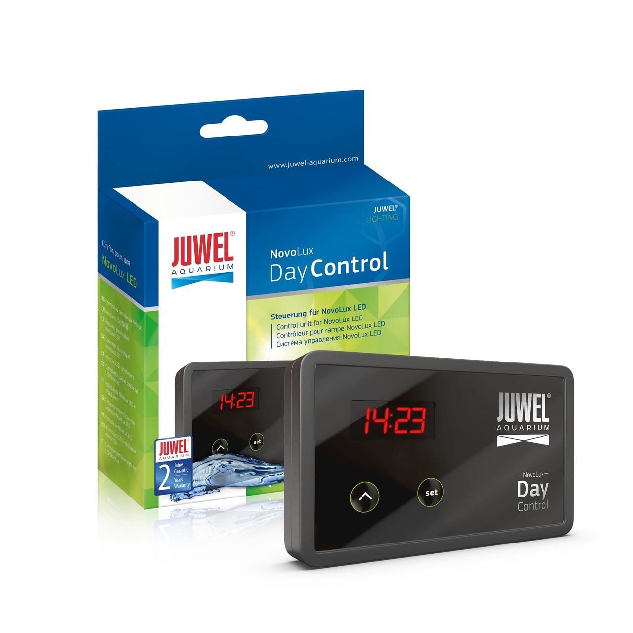 Das Bild zeigt den JUWEL NovoLux Day Control, eine Steuerungseinheit für NovoLux LED-Leuchten, speziell für Aquarien. Die Verpackung ist blau-grün gestaltet und enthält den Markennamen JUWEL sowie Produktinformationen in mehreren Sprachen. Im Vordergrund 
