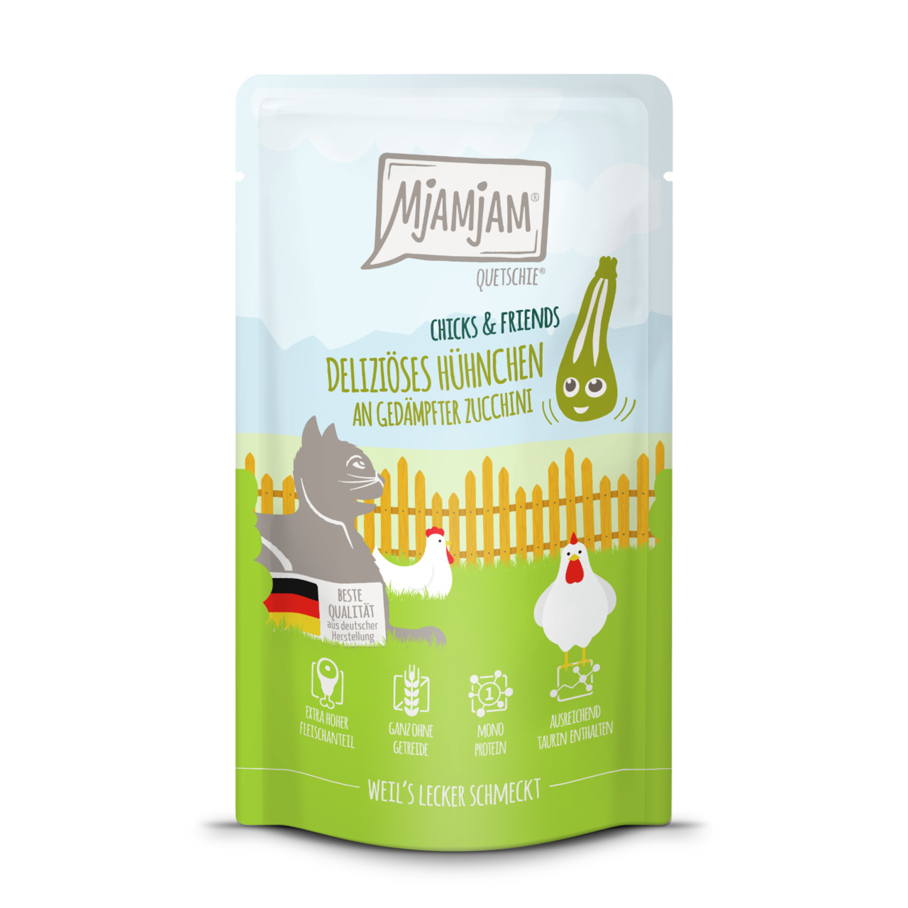 Das Bild zeigt eine Verpackung des Tierfutterprodukts „Mjamjam Quetschie Chicks & Friends – Deliziös