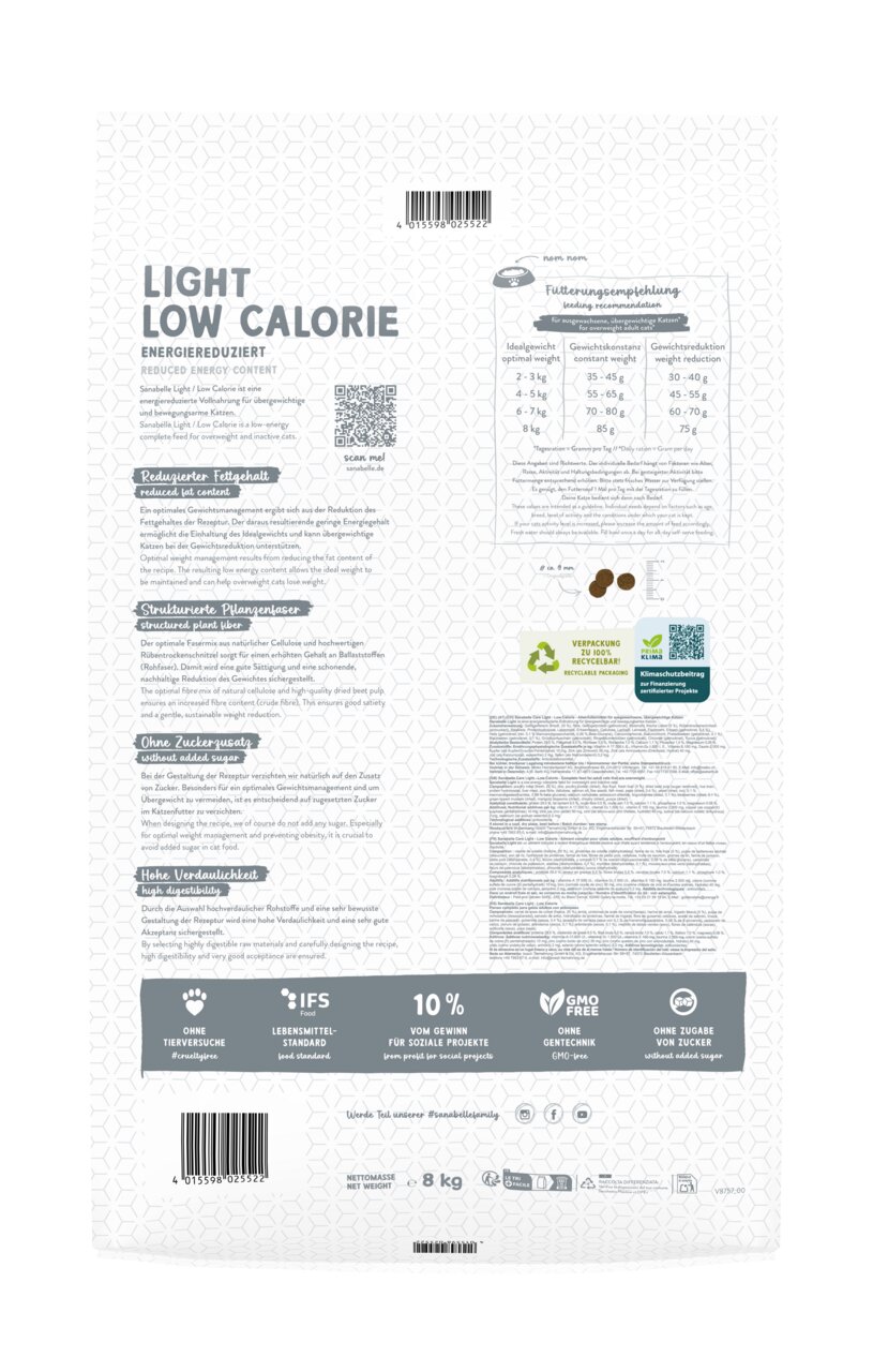 Sanabelle Light Low Calorie, 8 kg, energiereduziertes Trockenfutter für ausgewachsene Katzen, mit wenig Fett & ohne Zuckerzusatz.