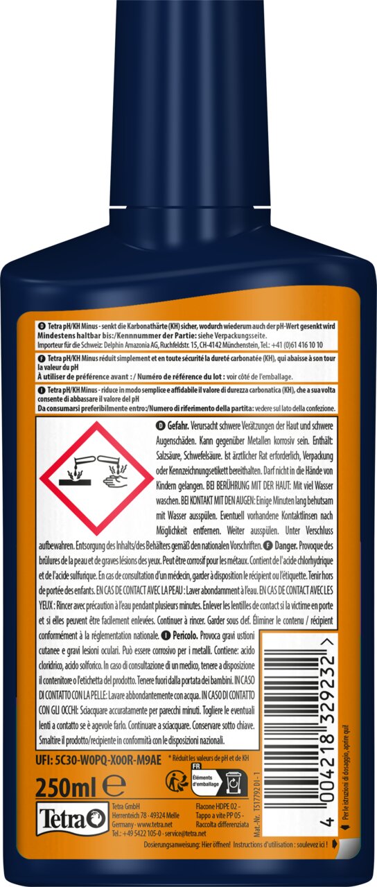 Tetra pH-KH Minus, Zielgruppe: Aquarienbewohner, zur Senkung der Karbonathärte und des pH-Werts, Menge: 250 ml.