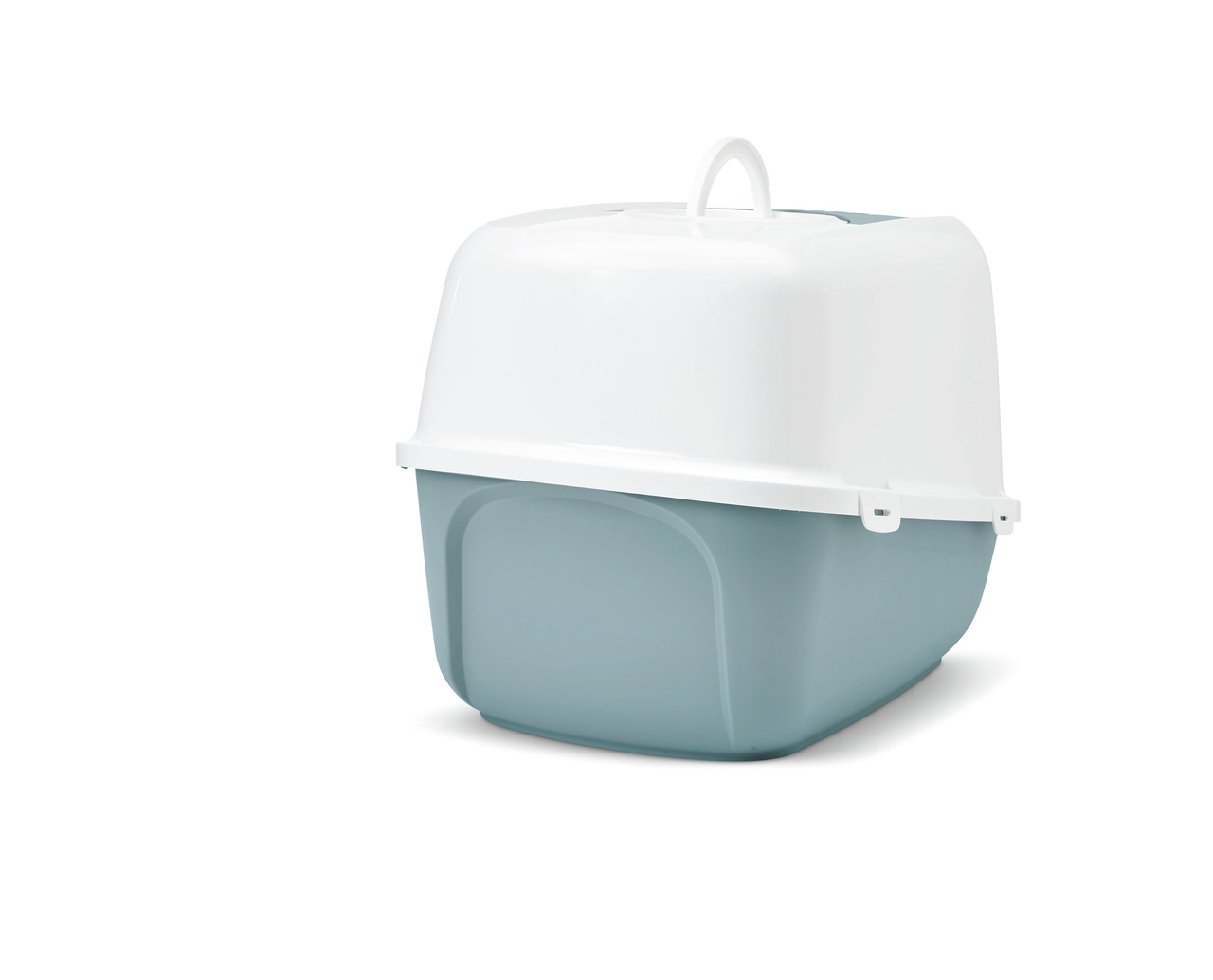 Katzentoilette SAVIC Nestor, hellblaue Schale, weiße Abdeckung, Klappe, Tragegriff, für Katzen aller Größen, leicht zu reinigen.