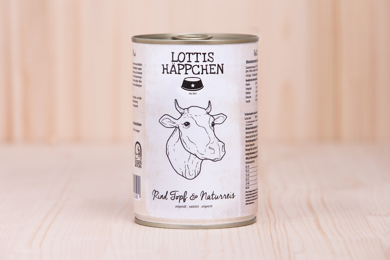 Sparpaket 6 x 400 g Lottis Häppchen Rind Topf & Naturreis Hunde Nassfutter
