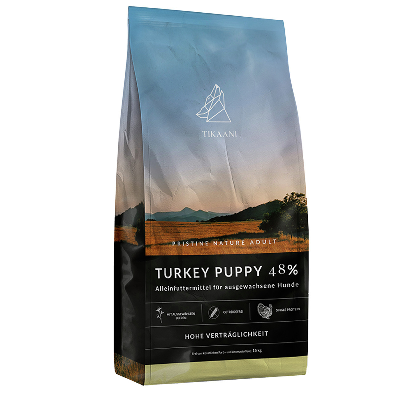 TIKAANI Turkey Puppy 48%, 15 kg, getreidefreies Alleinfutter f. Hunde, Single-Protein, Truthahn, Beeren, hohe Verträglichkeit.
