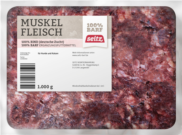 Seitz Muskelfleisch, Ergänzungsfuttermittel für Hunde & Katzen, 100 % Rind, BARF, 1.000 g tiefgefroren, aus deutscher Zucht.