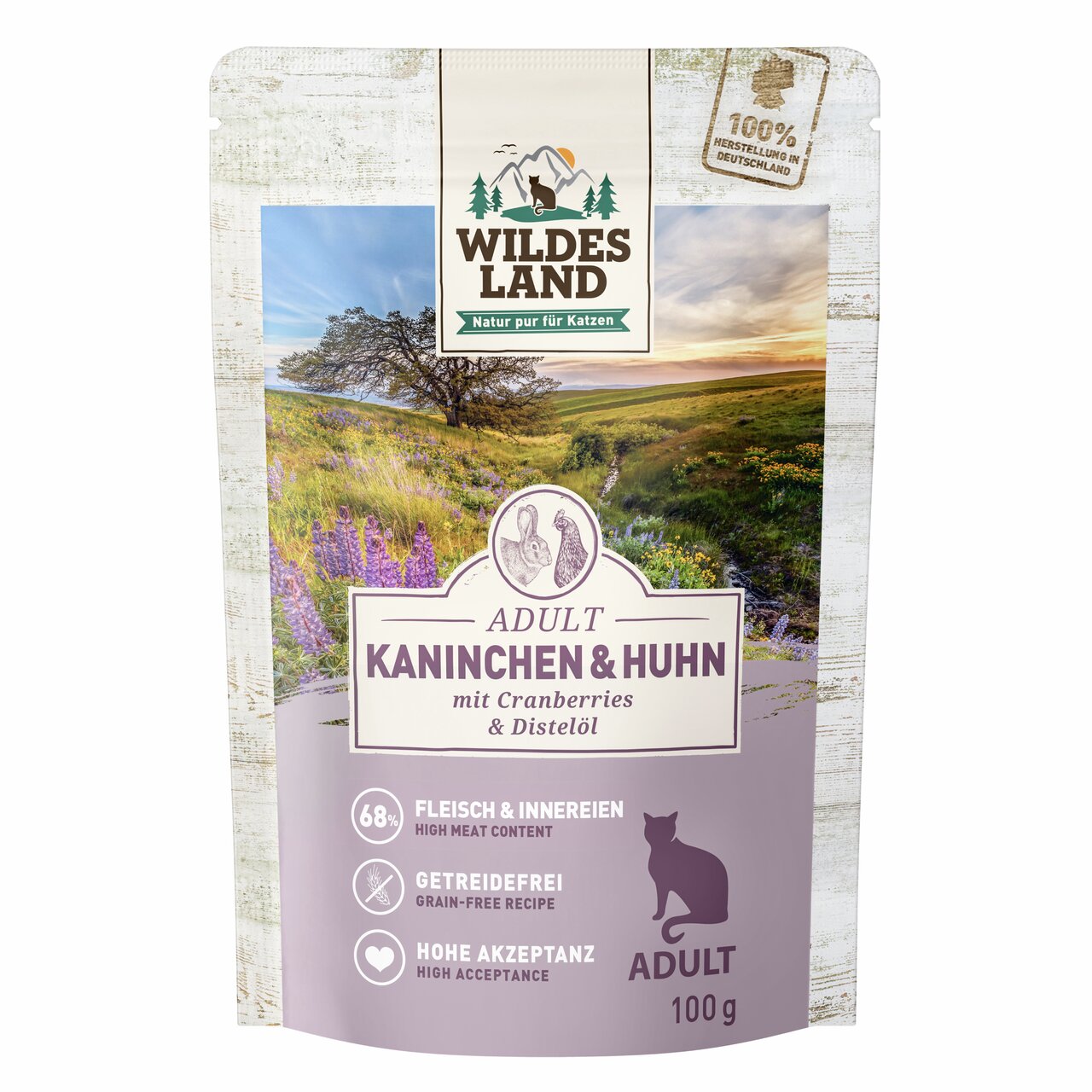 Wildes Land Adult Kaninchen & Huhn, für ausgewachsene Katzen, mit Cranberries, 68 % Fleisch, getreidefrei, 100 g, hohe Akzeptanz.