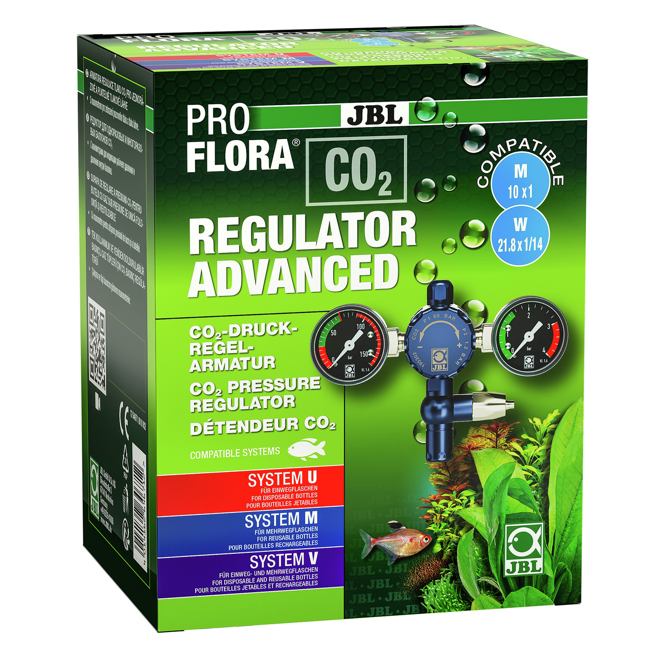 JBL ProFlora CO2 Regulator Advanced: CO2-Druckregelarmatur f. Aquarien, Pflanzenwachstum, kompatibel mit System U/M/V, 2 Manometer.