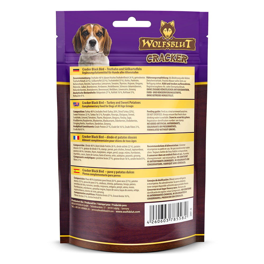 Wolfsblut Cracker Black Bird, Ergänzungsfutter für Hunde, Truthahn & Süßkartoffeln, 225 g, getreidefrei, ohne künstl. Zusätze.