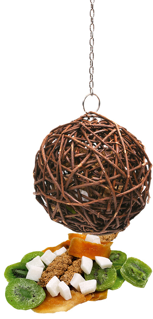 JR FARM Weidenball, gefüllt mit Kiwi, Mango & Kokos, für Kaninchen & Meerschweinchen, Snack & Spielzeug, 150 g.