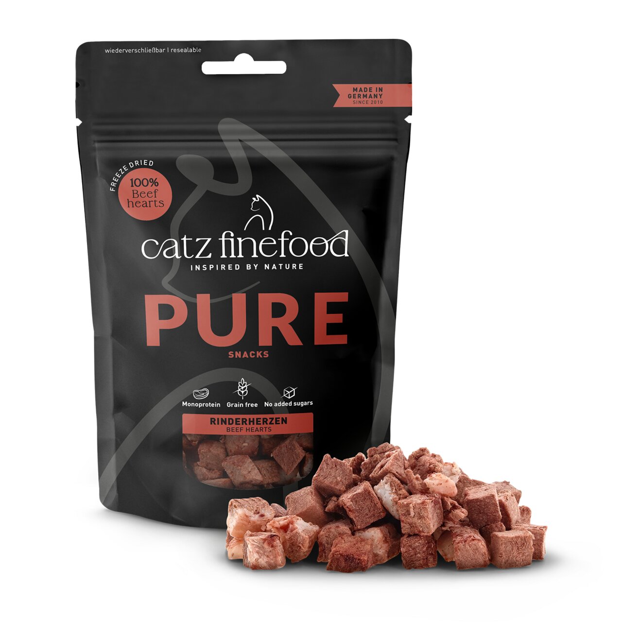 Wiederverschließbare Packung Catz Finefood Pure Snacks Rinderherzen, gefriergetrocknet, für Katzen, 40 g, ohne Getreide und Zucker.