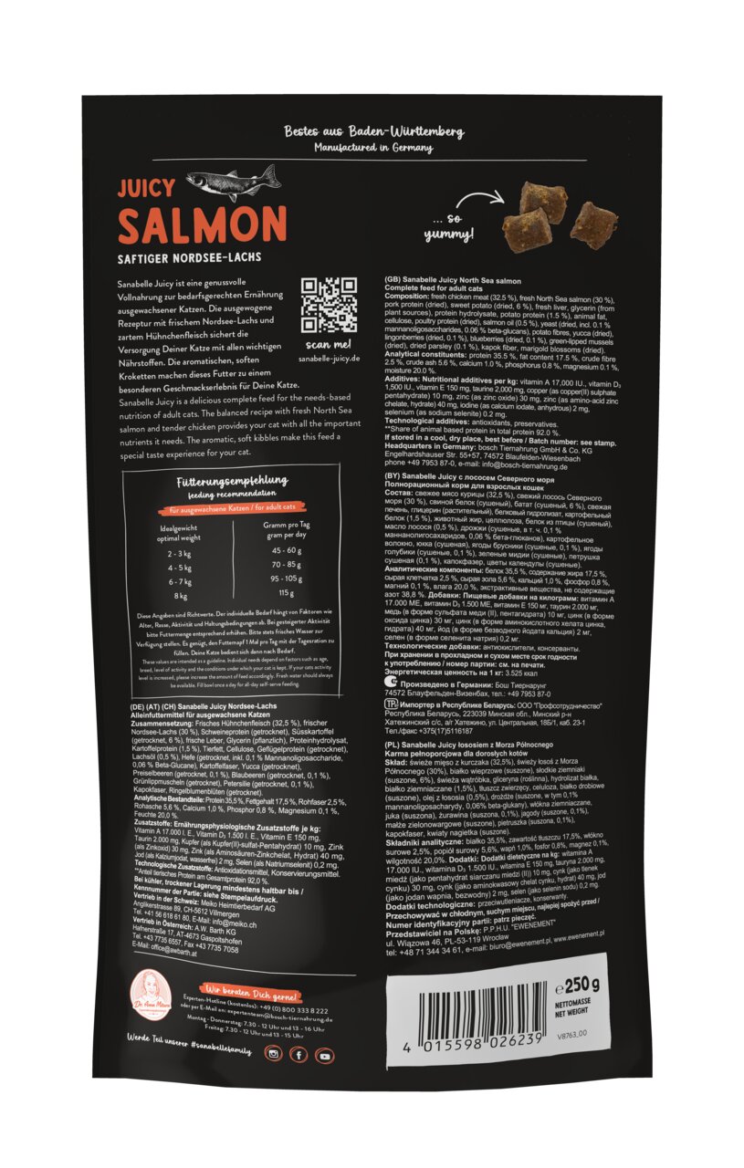 Sanabelle Juicy Salmon – Katzennahrung für ausgewachsene Katzen, frischer Nordsee-Lachs, 250 g, ausgewogene Rezeptur, hochwertige Zutaten.
