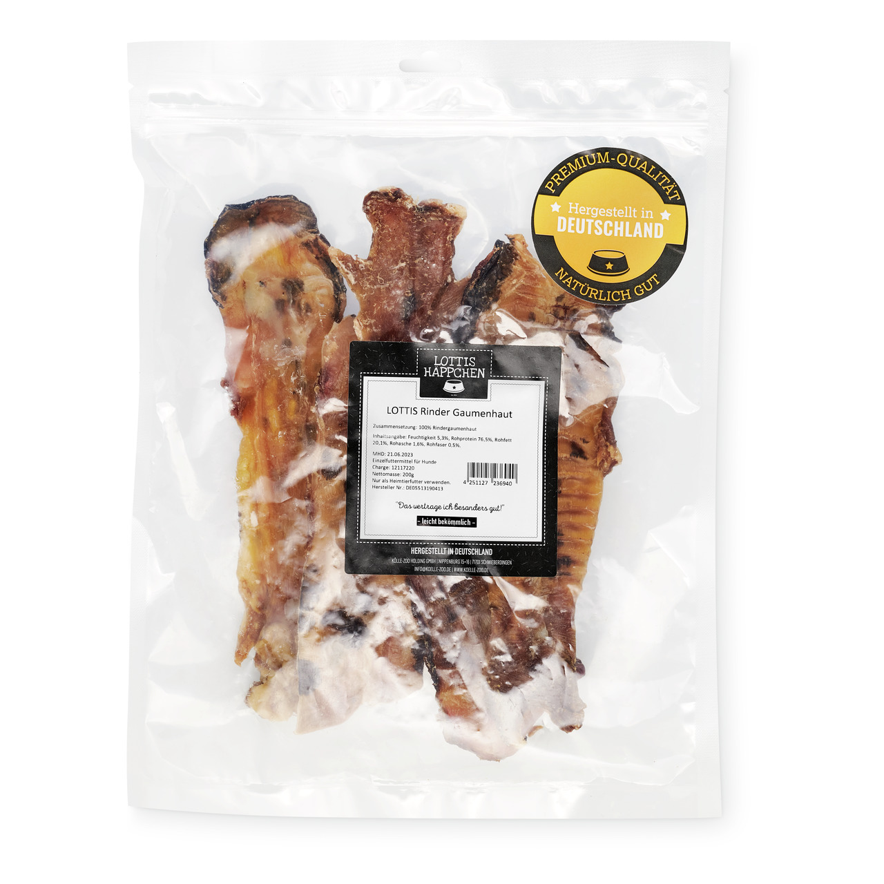 Lottis Häppchen Rinder Gaumenhaut, 250 g, für Hunde, natürl. Kausnack aus 100 % Rindergaumenhaut, Premium-Qualität, Made in Germany.