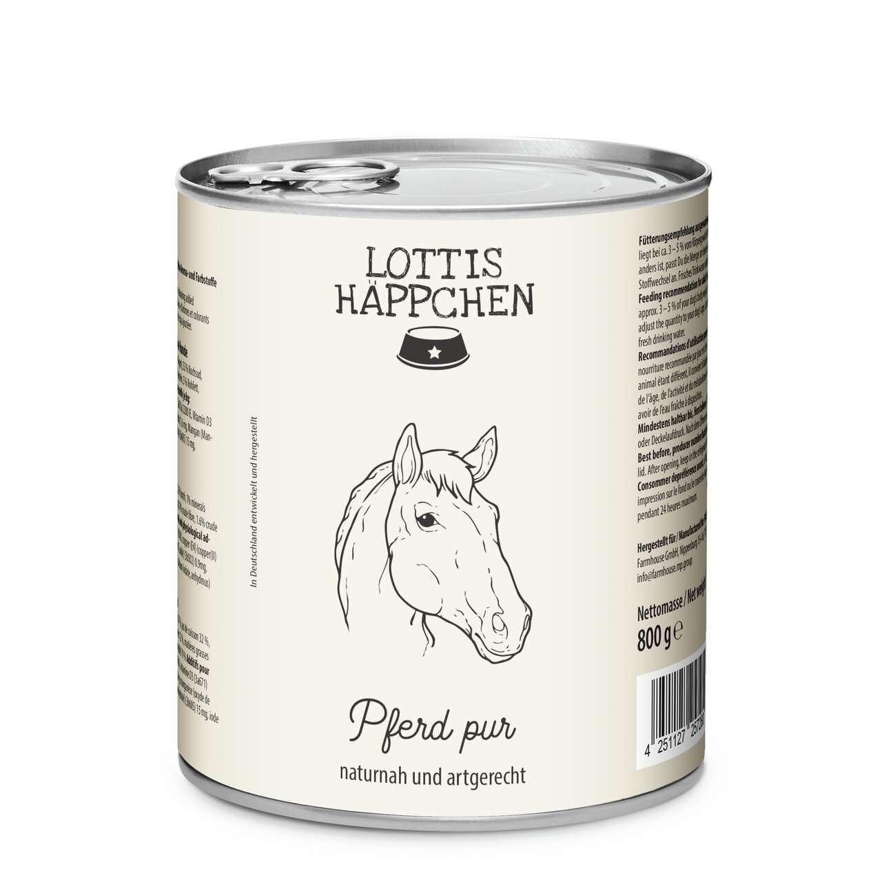 LOTTIS HÄPPCHEN Pferd pur für Hunde, Geschmacksrichtung Pferd, 800 g Dose, artgerecht, naturnah, hochwertige Tiernahrung.