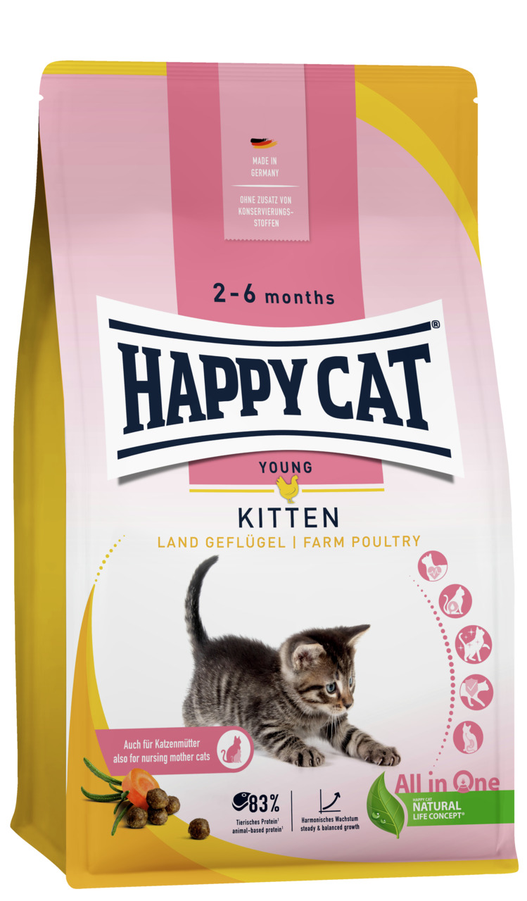 HAPPY CAT Young Kitten Land-Geflügel, für Kätzchen (2-6 Monate) & säugende Katzen, 83 % tierisches Protein, Made in Germany, 125 g.