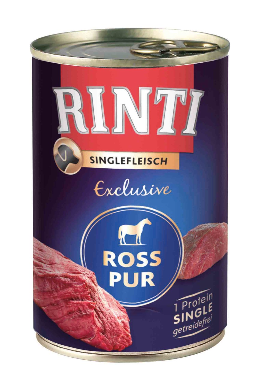 RINTI Singlefleisch Exclusive Ross Pur, Hunde, Pferdefleisch, getreidefrei, für Unverträglichkeiten, 400 g.
