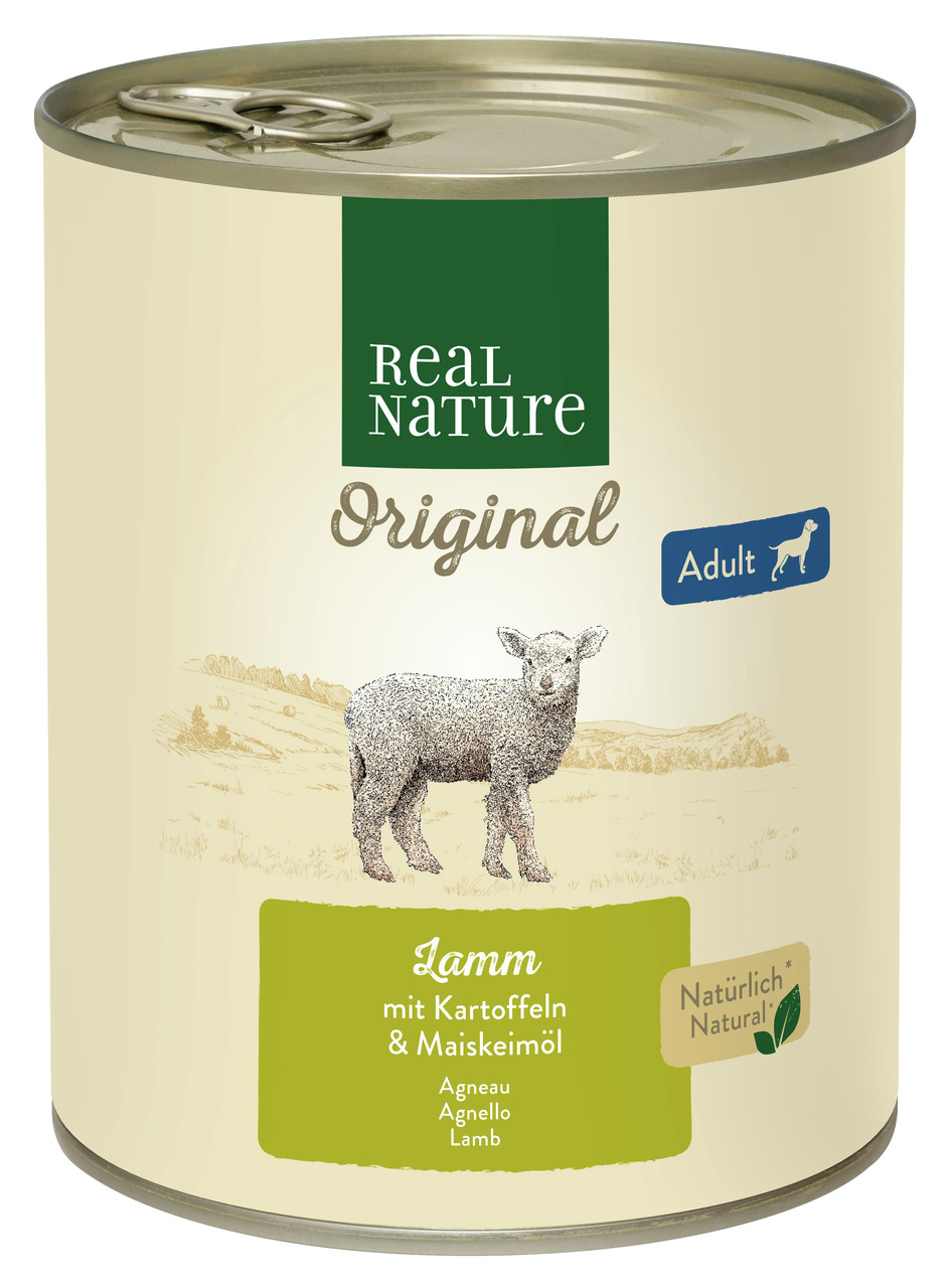 Die Abbildung zeigt eine Dose Hundefutter der Marke REAL NATURE Original mit der Geschmacksrichtung Lamm, Kartoffeln und Maiskeimöl. Das Produkt ist für ausgewachsene Hunde (Adult) geeignet. Die Verpackung enthält 800 g und trägt den Hinweis „Natürlich Na