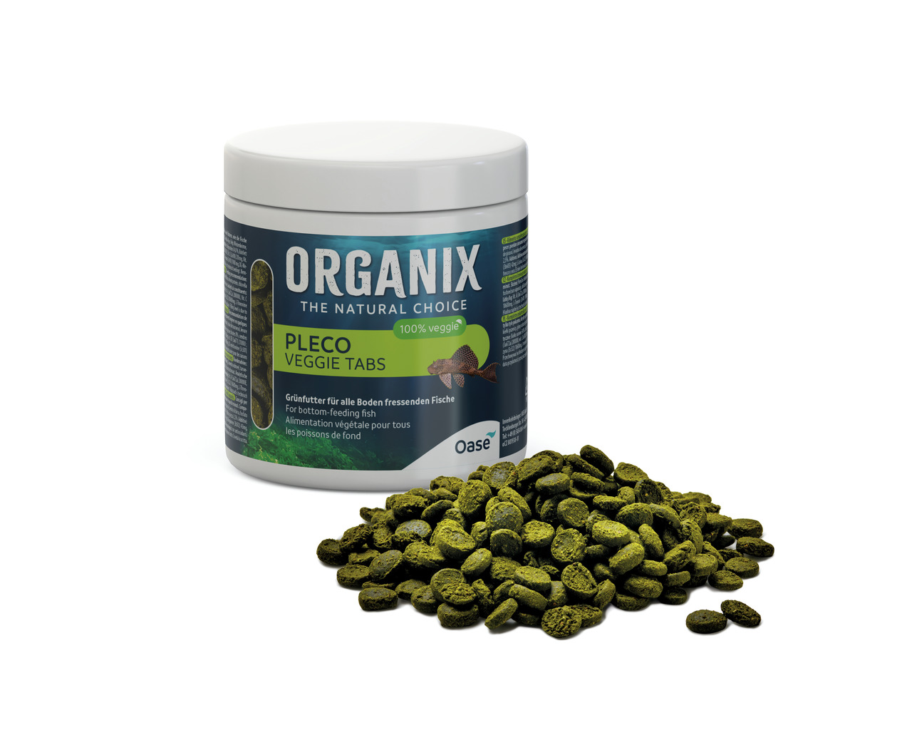 Oase Organix Pleco Veggie Tabs, für bodenfressende Fische, 100 % pflanzlich, gesundheitsfördernd, grüne Tabs, weiße Dose.