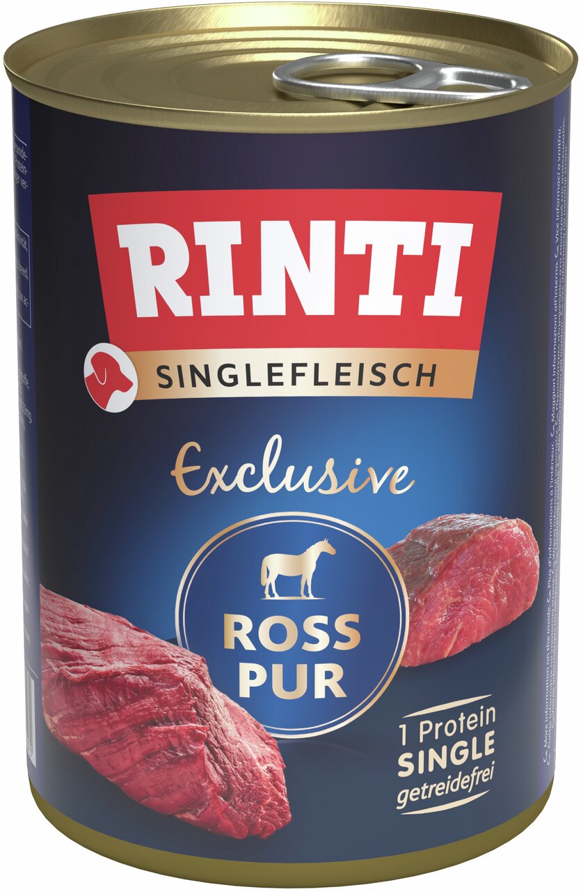 RINTI Singlefleisch Ross Pur, Hund, Pferd, getreidefrei, 1 Protein, 800 g Dose, hochwertiges Alleinfutter für Hunde.