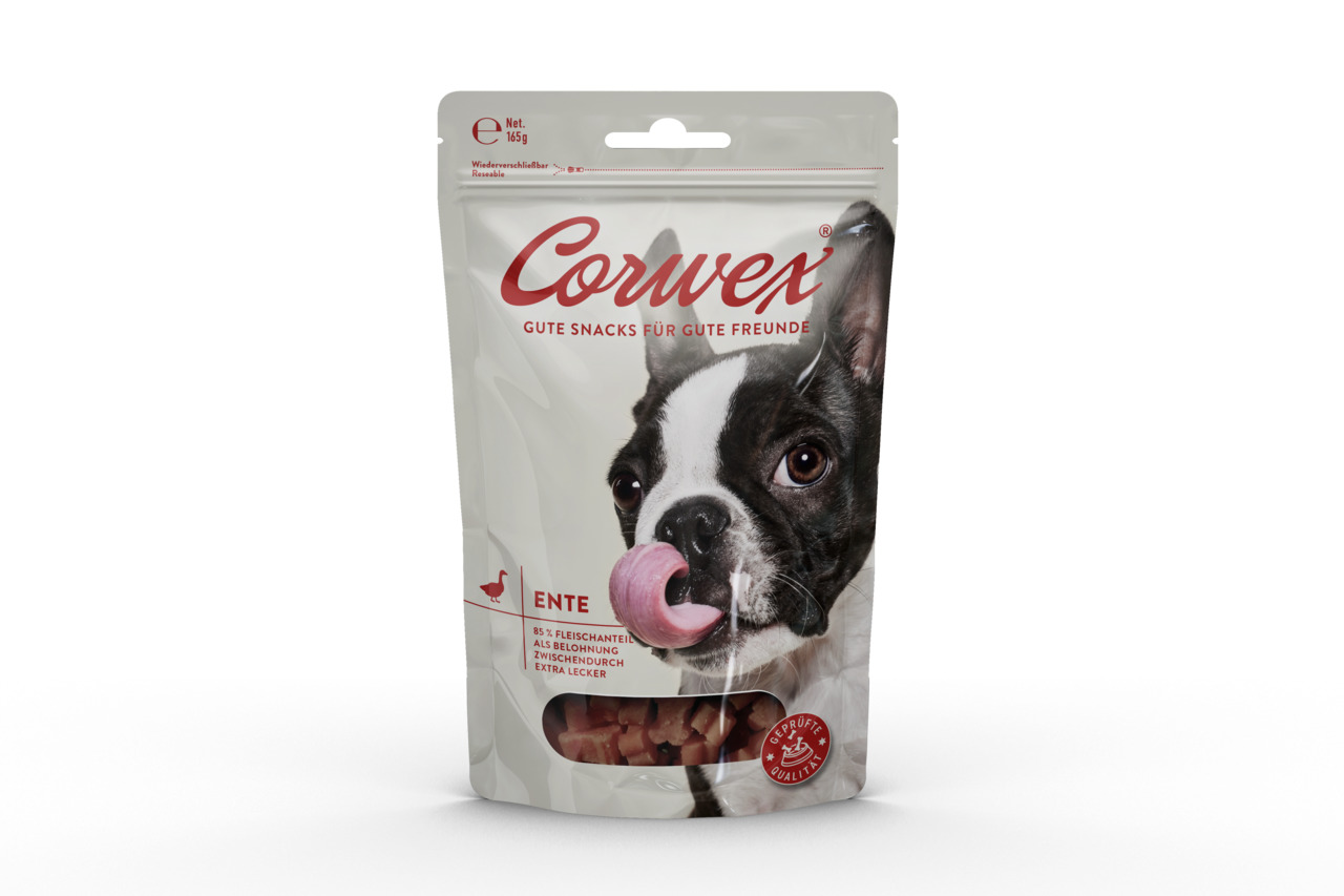 Corwex Hundesnacks, Entengeschmack, 165 g, 85 % Fleisch, Belohnung/Zwischenmahlzeit, „Gute Snacks für gute Freunde“.