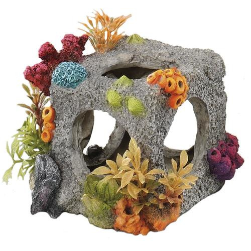 Dekoratives Aquarium-Element von AQUA DELLA in Form eines künstlichen Felsens mit bunten Korallen und Pflanzen. Geeignet für Aquarienliebhaber, um Fischen Versteckmöglichkeiten zu bieten. Hergestellt aus ungiftigen Materialien, sicher für alle Aquarienbew
