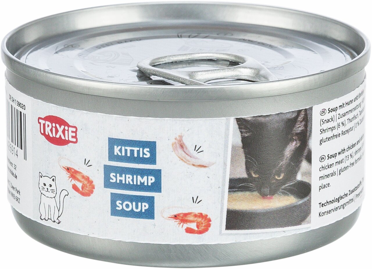 TRIXIE Kittis Shrimp Soup für Katzen, Geschmacksrichtung Garnelen, 40 g, glutenfreie Rezeptur, ideal als Snack oder Beigabe.