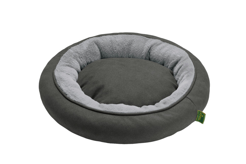 Hundebett HUNTER "Boston", für kl.-mittelgr. Hunde, hellgrauer Plüsch, robuster Stoff, Komfort+Entspannung, Logo sichtbar.
