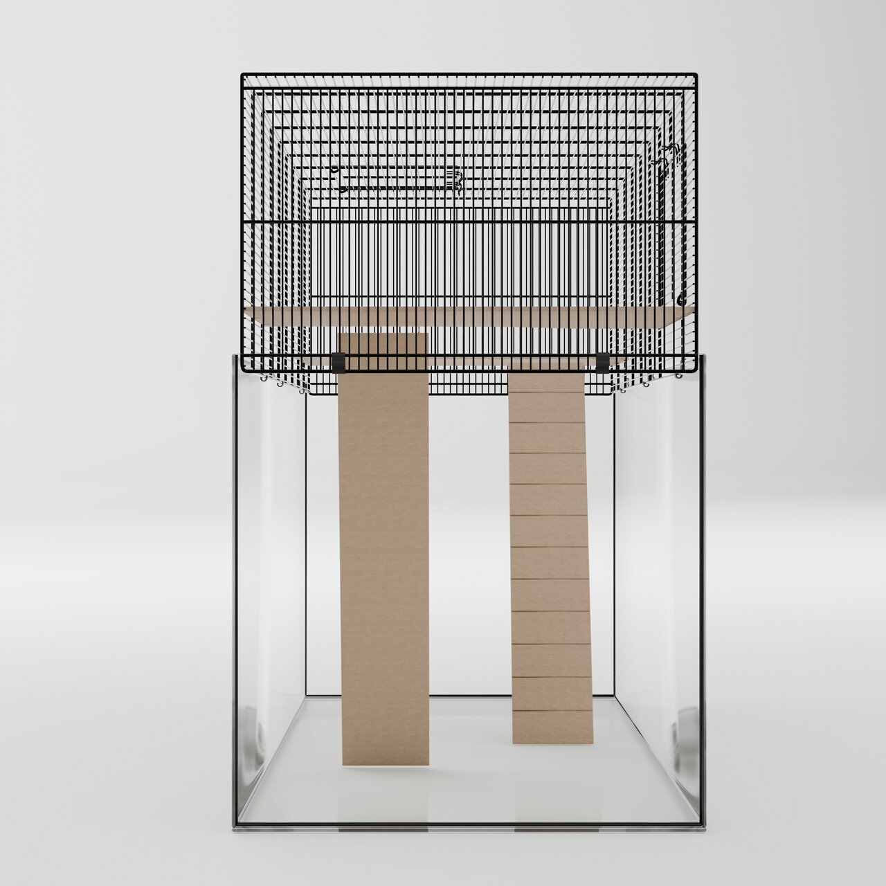 Das Bild zeigt den Allpets Kleintierkäfig, geeignet für Nagetiere wie Hamster oder Mäuse. Der Käfig besteht aus einem transparenten Glasunterteil und einem schwarzen Gitteraufsatz. Zwei Rampen aus Holz verbinden die Ebenen. Ideal für kleine Haustiere, bie