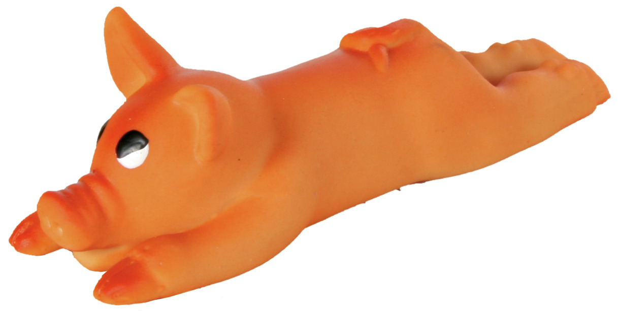 Das Bild zeigt das TRIXIE Latex-Spielzeug in Form eines orangefarbenen Schweins, das sich in Bauchlage befindet. Es ist ein robustes und langlebiges Spielzeug für Hunde, ideal für kleine bis mittelgroße Rassen. Das Schwein hat große Augen und realistische