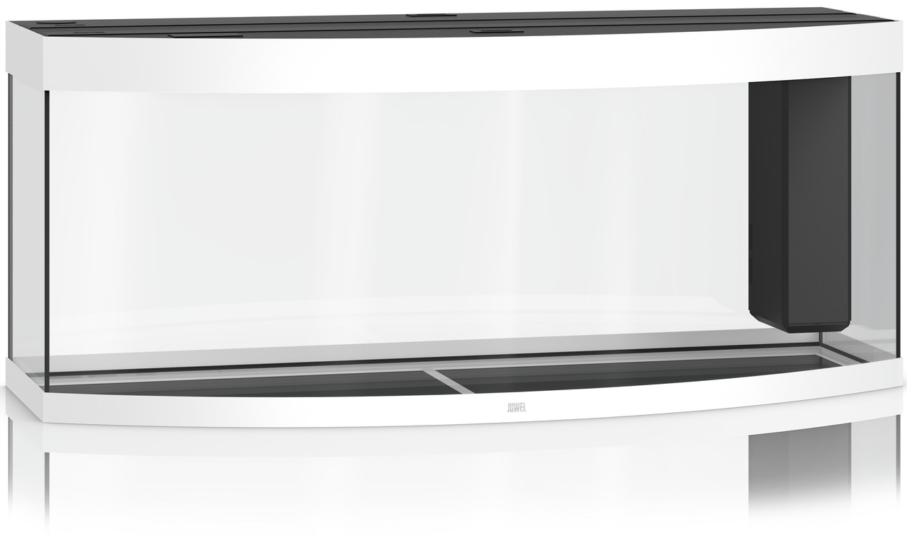 Das Bild zeigt das JUWEL Vision 180 Aquarium in Weiß, ein hochwertiges Aquarium für Aquaristik-Enthusiasten. Es verfügt über ein gebogenes Frontglas für eine optimale Sicht und ein modernes Design. Das Aquarium ist für Süß- und Meerwasser geeignet und hat