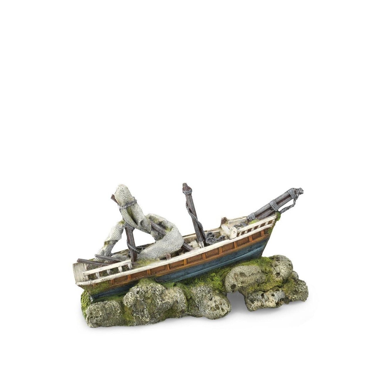 Das Bild zeigt die AQUA DELLA Aquarium-Dekoration „Schiffswrack mit Seil“. Diese detailreiche Nachbildung eines gesunkenen Holzschiffs ist ideal für Aquarienliebhaber. Sie besteht aus robustem, ungiftigem Material und bietet Fischen Versteckmöglichkeiten.
