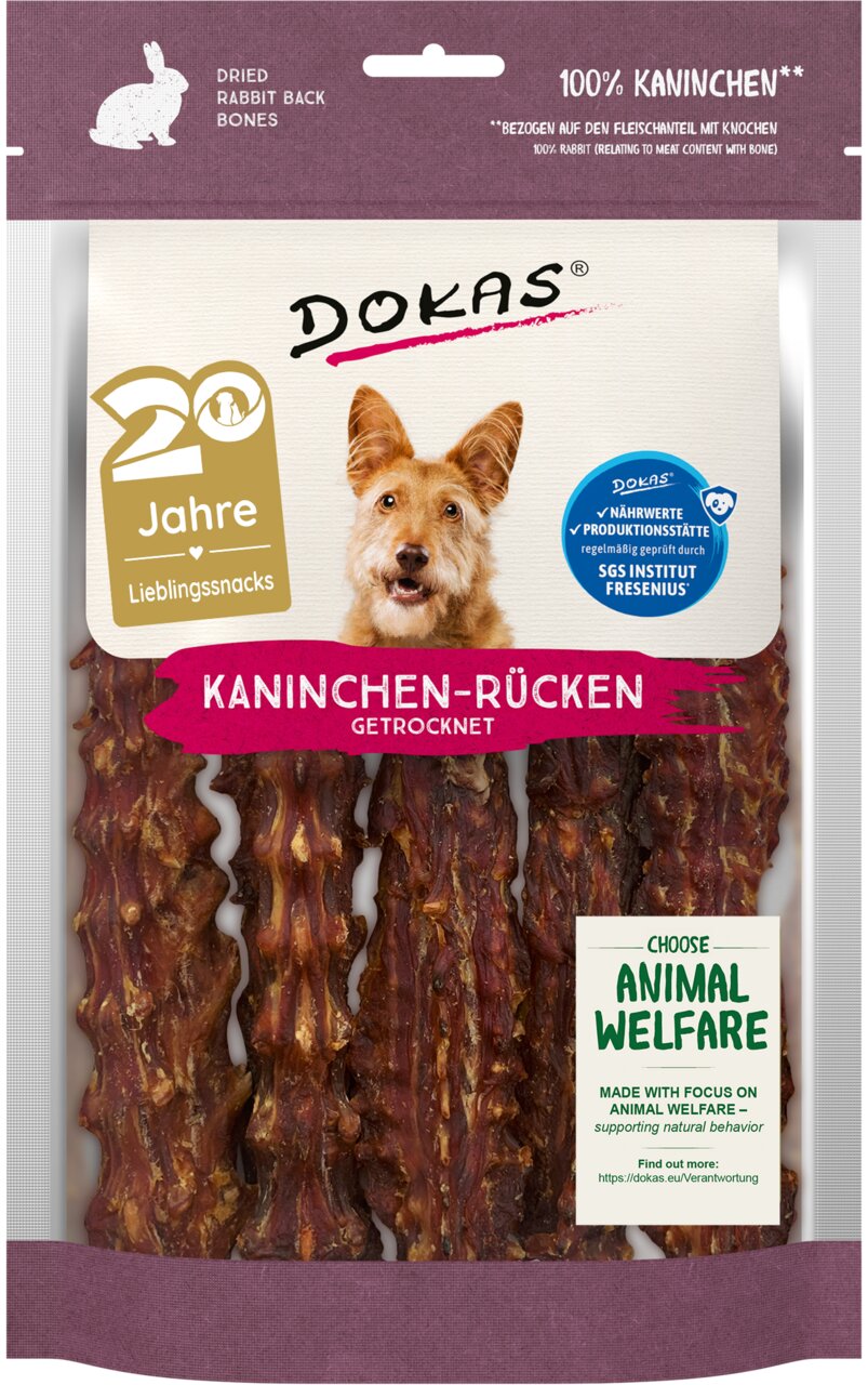 Getrockneter Kaninchen-Rücken von DOKAS für Hunde, 100% Kaninchen, 70 g, natürlich und unterstützt artgerechte Tierhaltung.