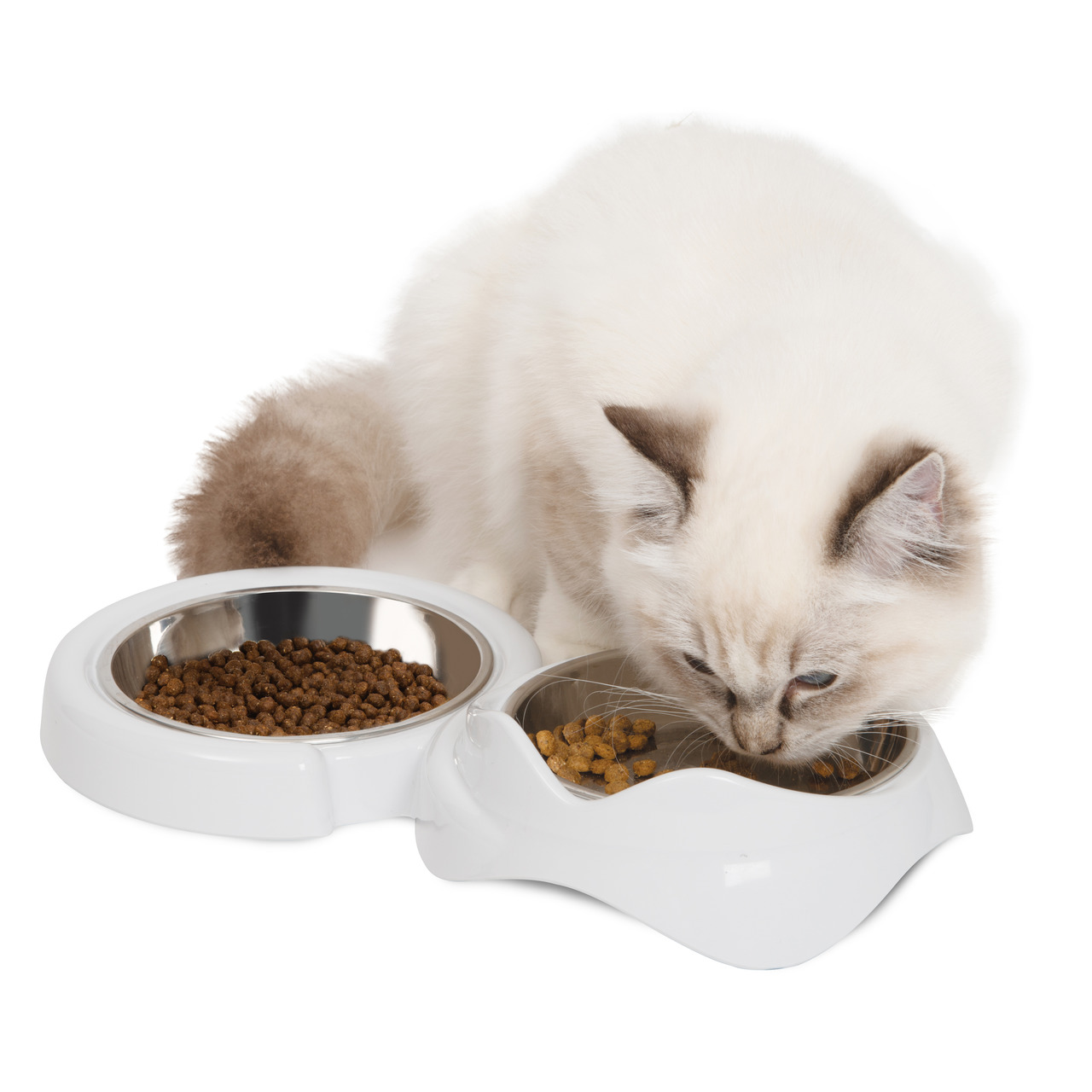 Catit Futternapf für Katzen, weiß, mit Edelstahlschalen, ideal für Trocken- & Nassfutter.