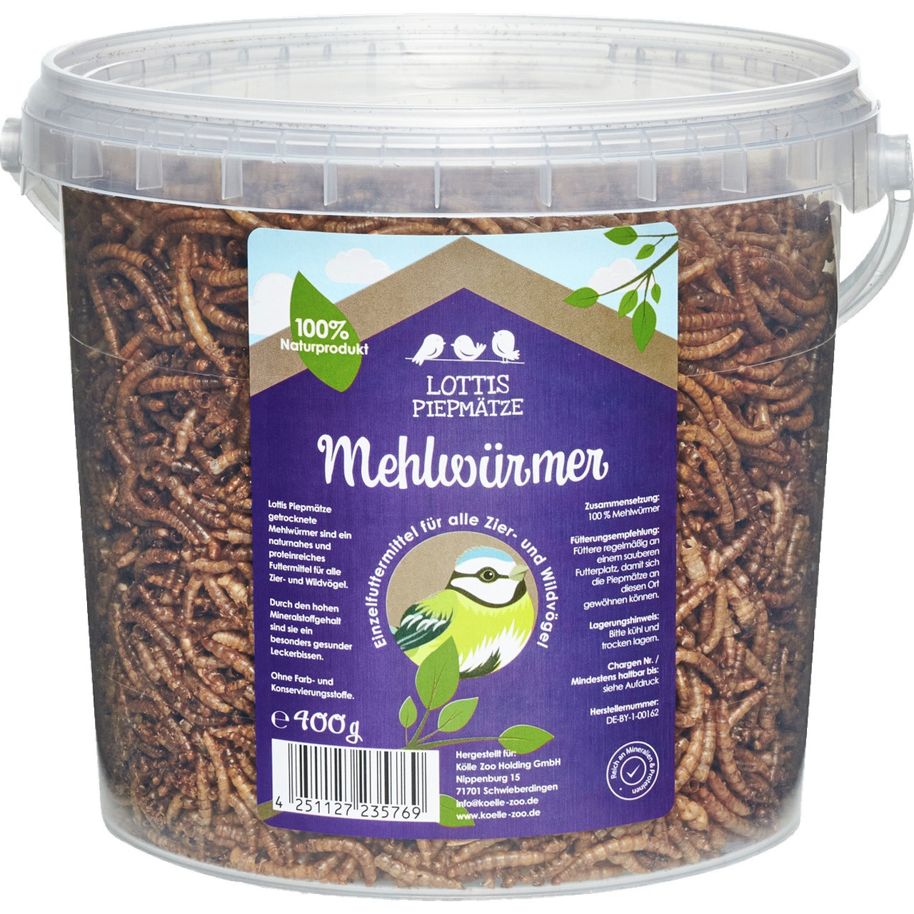 Lottis Piepmätze Mehlwürmer, 400 g, 100 % Naturprodukt, Einzelfuttermittel für Zier- & Wildvögel.