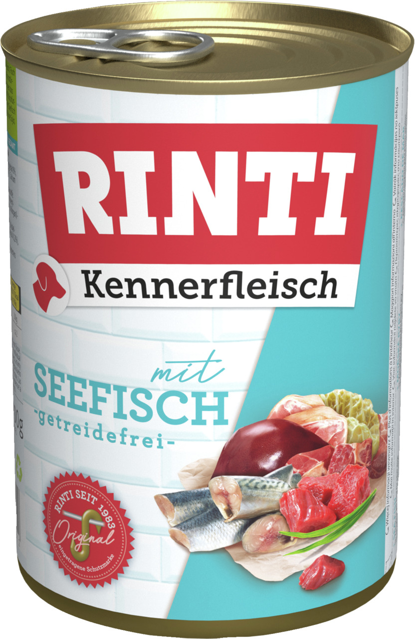 RINTI Kennerfleisch Hundefutter, Seefisch, getreidefrei, frische Zutaten (Fisch, Fleisch, Innereien), 400 g.
