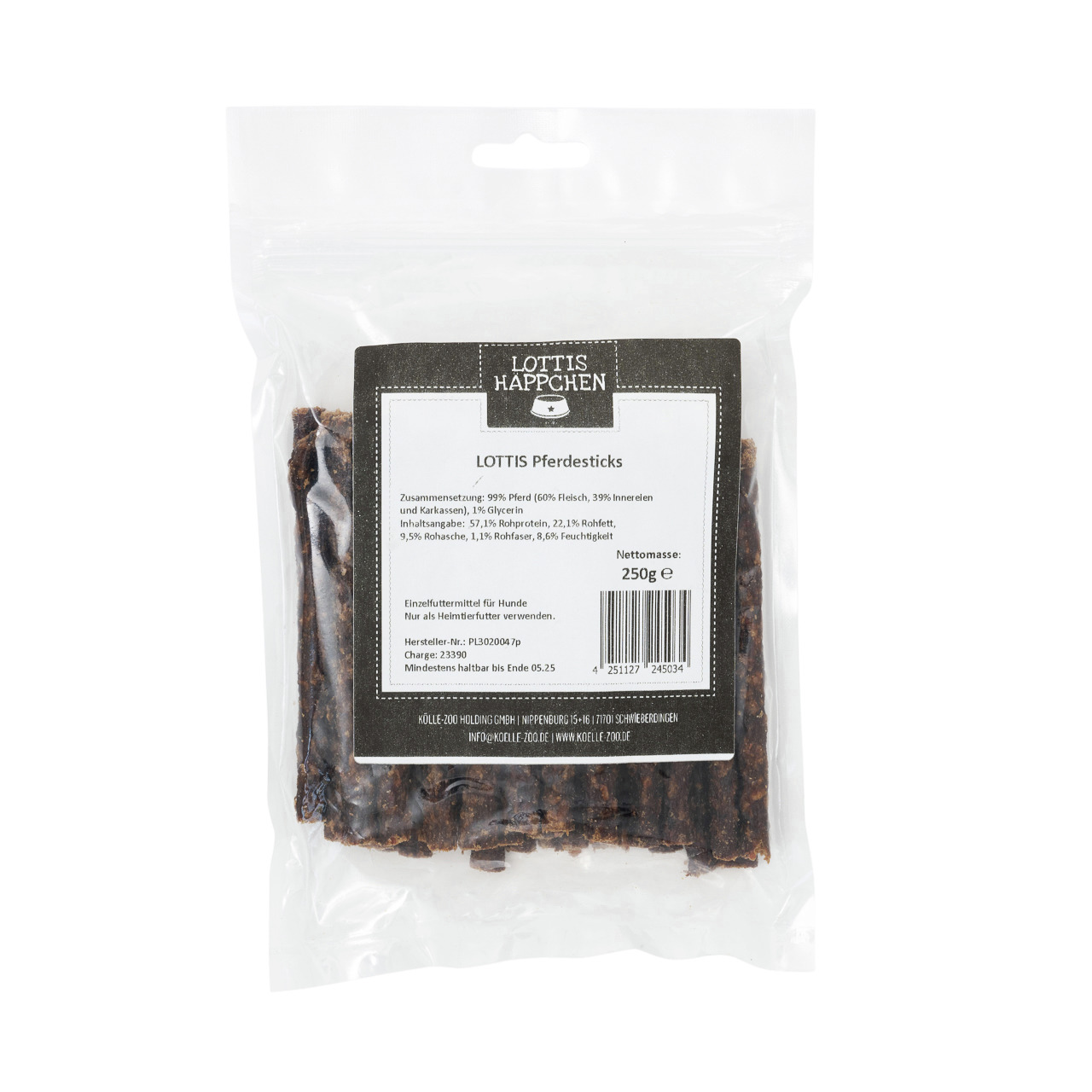 LOTTIS HÄPPCHEN Pferdesticks, Einzelfuttermittel für Hunde, 99 % Pferd, 250 g, gesunder Snack.