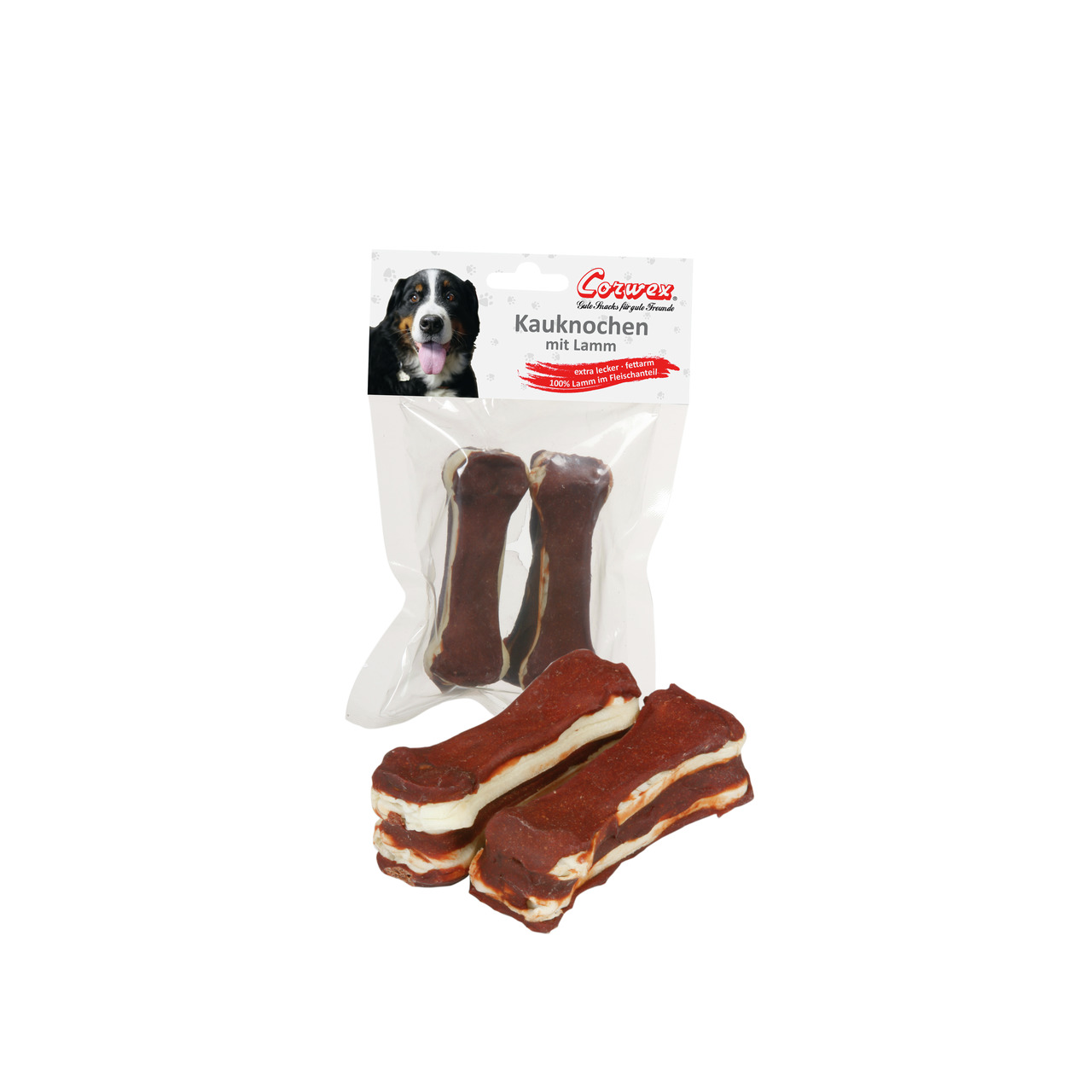 Das Bild zeigt das Produkt „Corwex Kaukknochen mit Lamm“, ein Kausnack für Hunde. Die Verpackung enthält zwei Knochen, die aus 100 % Lammfleisch bestehen und als fettarmer Snack beworben werden. Die Zielgruppe sind Hundehalter, die ihren Tieren eine schma