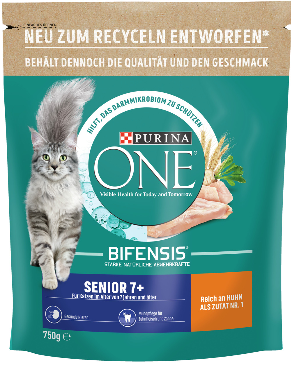 Das Bild zeigt eine Verpackung des Katzenfutters „Purina ONE Bifensis Senior 7+“ für Katzen ab 7 Jahren. Die Geschmacksrichtung ist Huhn, wobei Huhn als Zutat Nr. 1 hervorgehoben wird. Die Verpackung enthält 750 g und betont gesunde Nieren, Zahnpflege und