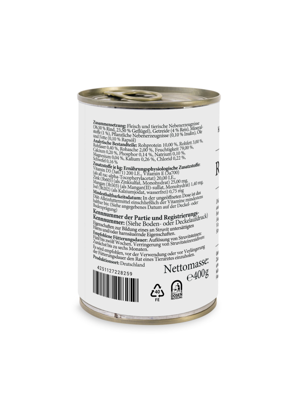 Das Bild zeigt eine Dose des Tierfutterprodukts „Lottis Häppchen“ mit der EAN 4251127228259. Es handelt sich um ein Nassfutter für Hunde. Die Geschmacksrichtung ist Rind und Geflügel, ergänzt durch Reis und pflanzliche Zutaten. Die Nettomasse beträgt 400 