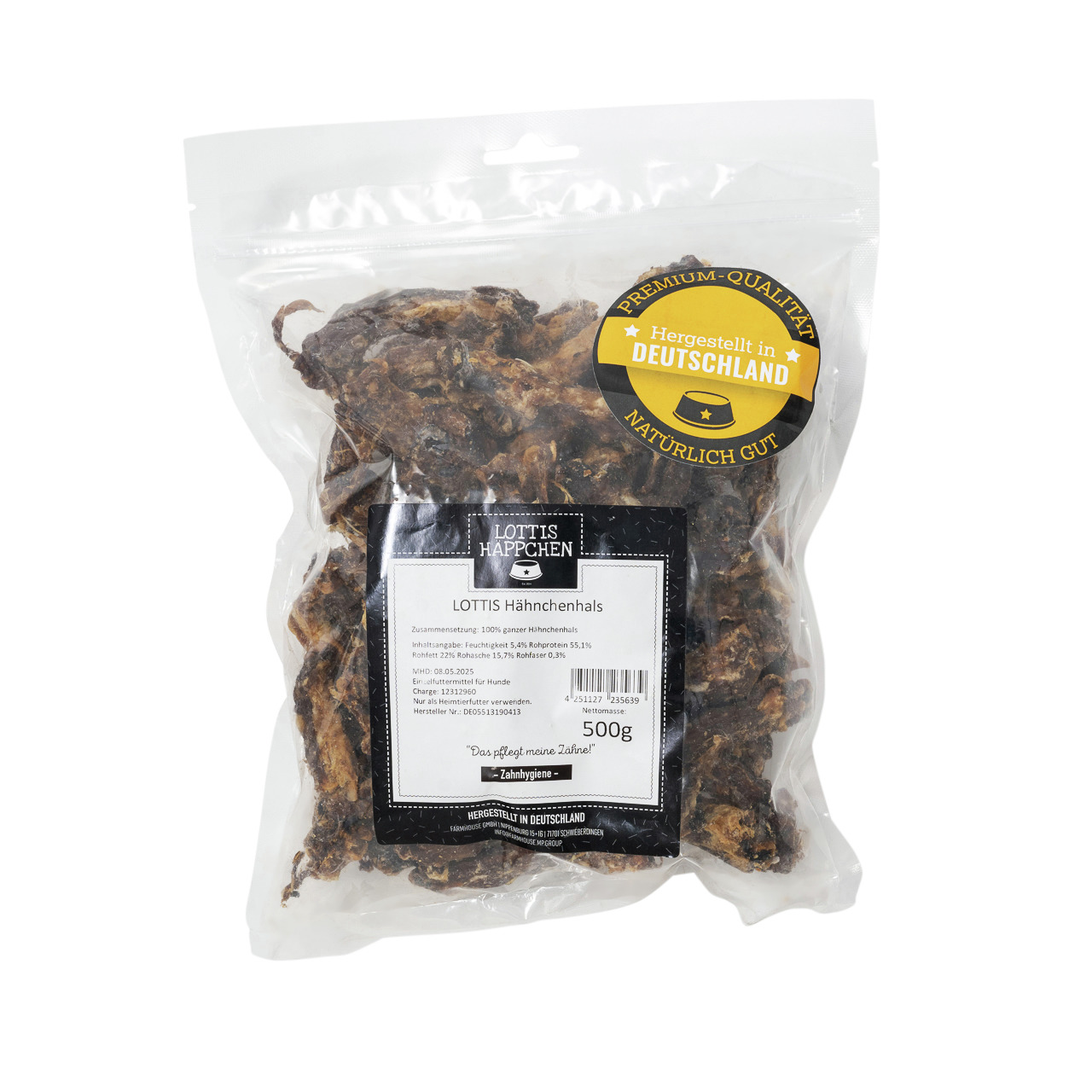 LOTTIS HÄPPCHEN getr. Hähnchenhälse für Hunde, 500 g, 100 % Hähnchen, Zahnpflege, Premium-Qualität, Hergestellt in Deutschland.