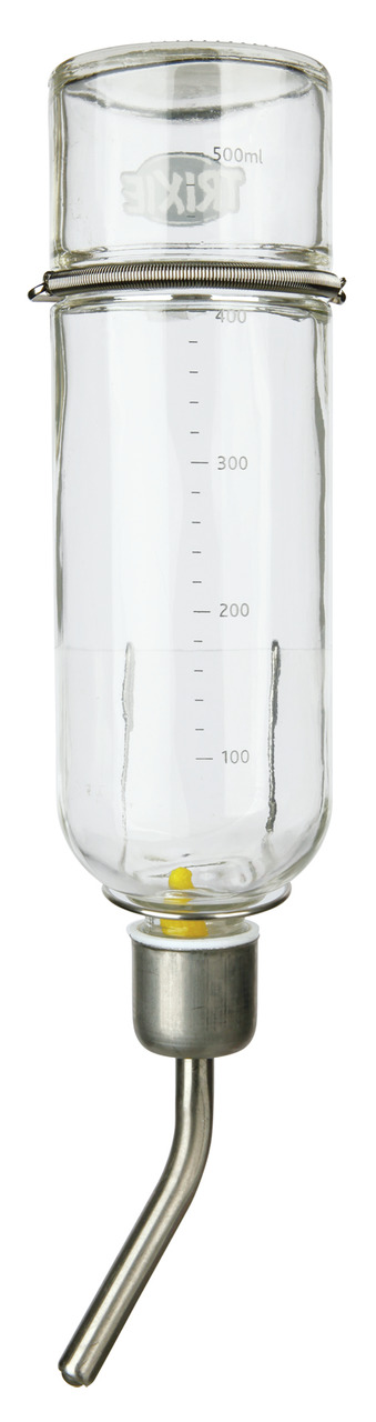 TRIXIE Glastränke 500 ml, für Kleintiere (Kaninchen-Meerschweinchen), robustes Glas, Edelstahlröhre, Schwimmeranzeige, hygienisch.