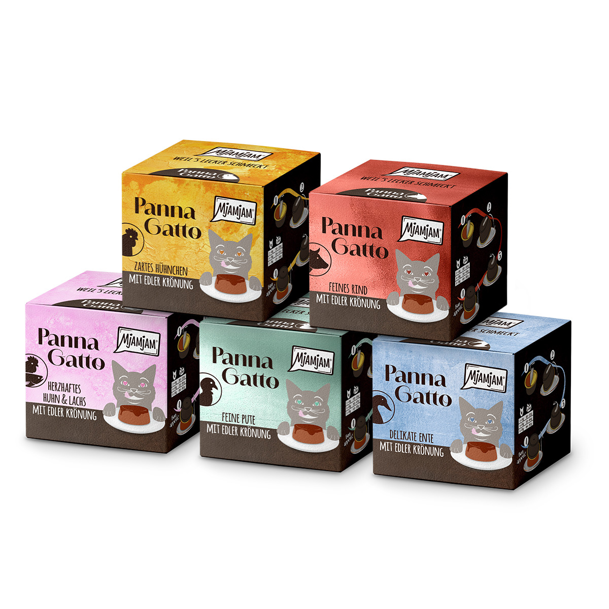 Fünf bunte Verpackungen der Marke MJAMJAM aus der Produktlinie „Panna Gatto“ für Katzenfutter sind abgebildet. Sorten: „Zartes Hühnchen“, „Feines Kind“, „Herzhaftes Huhn & Lachs“, „Feine Pute“ und „Delikate Ente“. Zielgruppe: Katzen. Menge: je 85 g. Werbe